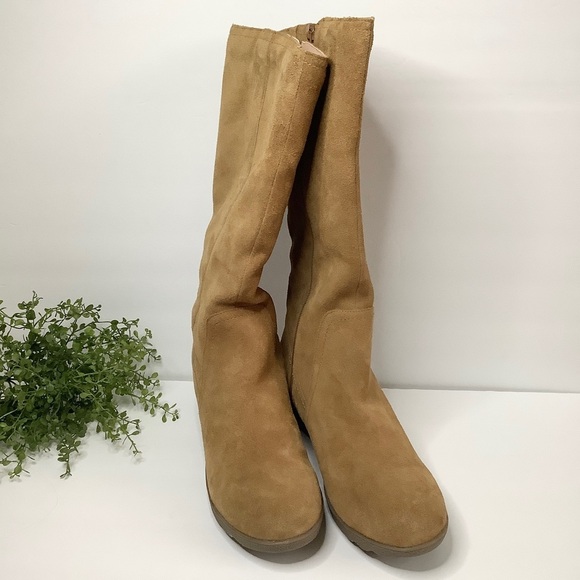 LANDS' END Suede Knee High Boots Wedge Heel Zip Up Sherpa Lined Neutral Women 11 - Picture 8 of 13